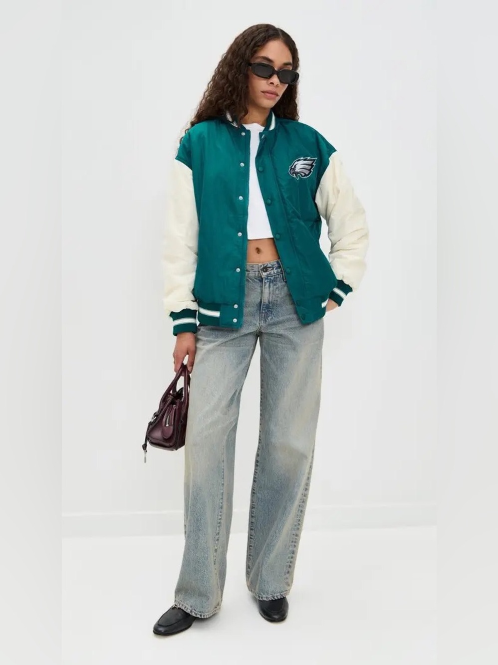 New! Terez  EAGLES Bomber Varsity Jacket 🦅🏈 Large Eagles Midnight Green + Sugar - Picture 2 of 12
